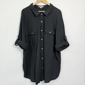 Woman Within Top Womens Size 4X Black Button Up Roll Tab‎ Sleeves Crinkle Fabric